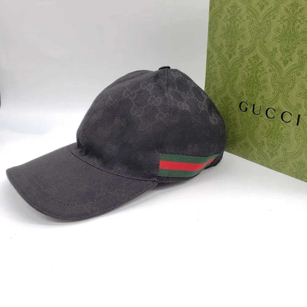 100% Authentic Gucci Cap Black Canvas Leather Hat Unisex - Picture 1 of 11